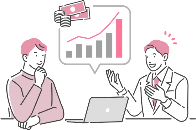 グラフを示しながら投資の説明をする人物と、それを聞く人物のイラスト