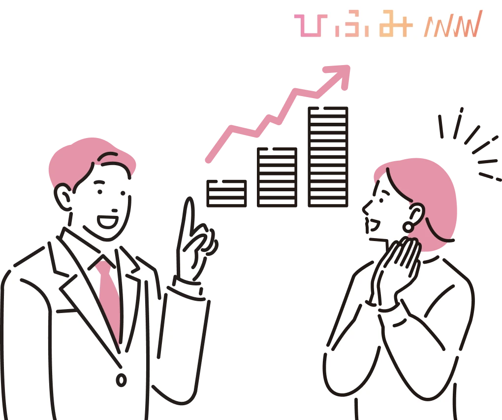 成長グラフを指差して説明する男性と、感心する女性のイラスト。